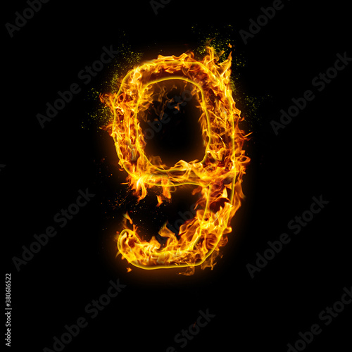 Number 9. Fire flames on black isolated background, realistick fire effect with sparks. Part of alphabet set