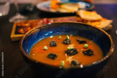 Beautiful ceramic bowl with traditional tasty soup