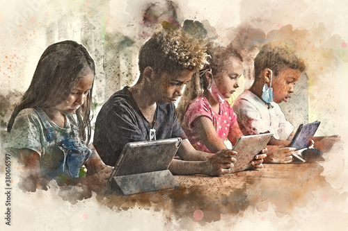 Digital watercolor image four diverse kids pulling down facemasks sit at table use gadgets ignoring each other prefer internet games. Alpha generation and modern technology overuse, phubbing concept