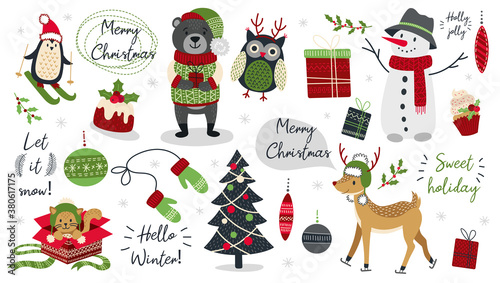 Set of modern hand drawn christmas animals and other isolated elements. Vector illustration.