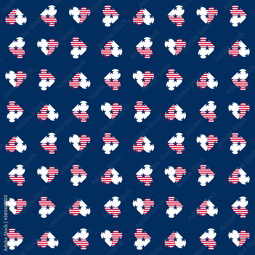 Abstract seamless vector pattern with hearts and five pointed stars. Independence day background. 4th July abstract geometric pattern. USA flag pattern. 