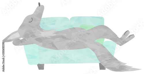 ソファでくつろぐオオカミのイラスト(水彩風)