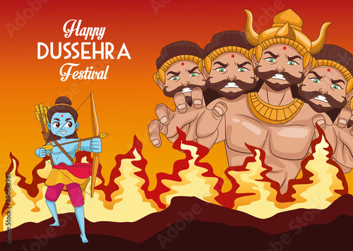 happy dussehra festival poster with ten headed ravana and rama blue on fire