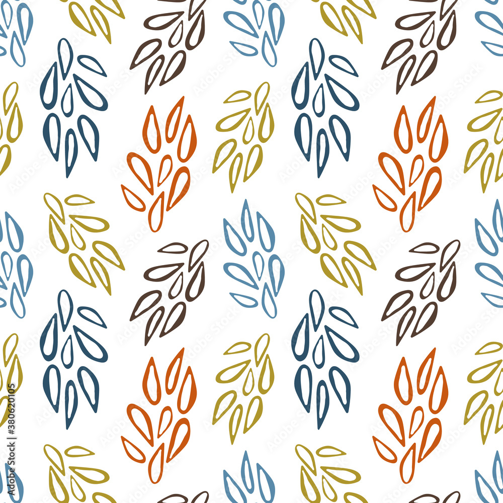 Fototapeta premium Autumn fall vector seamless pattern. Abstract leaves. Green, blue, orange colors. Isolated design elements. Seasonal background. Wallpaper, wrapping paper, textile, scrapbooking. Flat cartoon design.