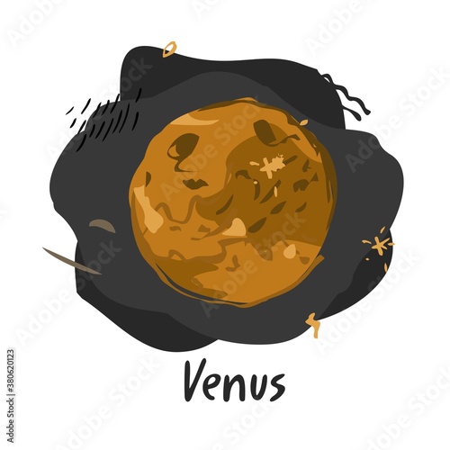 Planet Venus drawn with a sketch-style line against the background of space isolated on white. Symbol of the planet of the solar system for nursery, books, astrology. Cartoon flat vector illustration.
