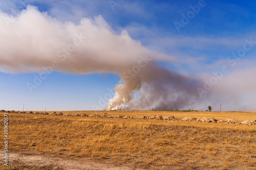 Smoke over the steppe. Fire in the steppe. Environmental disaster. Garbage in the steppe. Smoke column. Smoke screen over the plain. Dry yellow grass. Ecological problem. Environmental pollution
