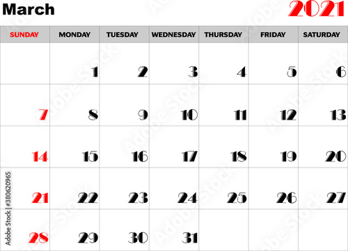 Calendario mes Marzo 2021 en ingles
