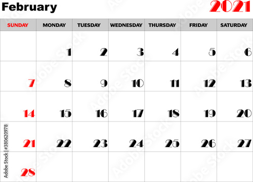 Calendario mes Febrero 2021 en ingles