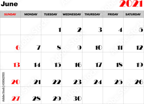 Calendario mes Junio 2021 en ingles