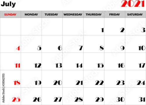 Calendario mes Julio 2021 en ingles