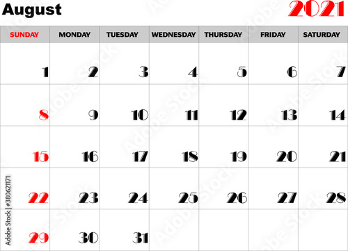 Calendario mes Agosto 2021 en ingles