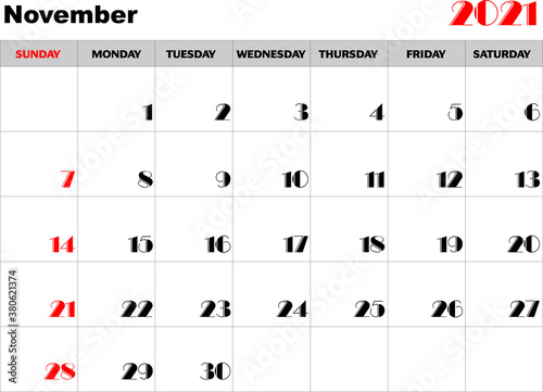 Calendario mes Noviembre 2021 en ingles