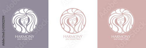 Female face logo. Emblem for a beauty or yoga salon. Style of harmony and beauty. Vector illustration
