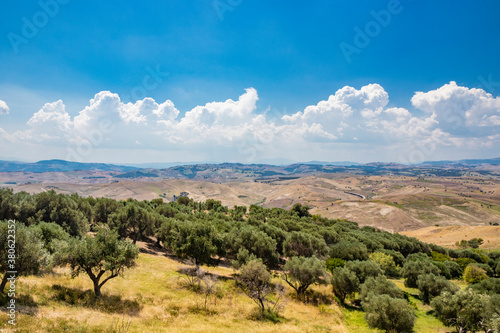 Craco, Matera, Italy. View from the top of the endless and desolate hills of Basilicata. The deserted countryside, the olive trees and the cultivated fields.