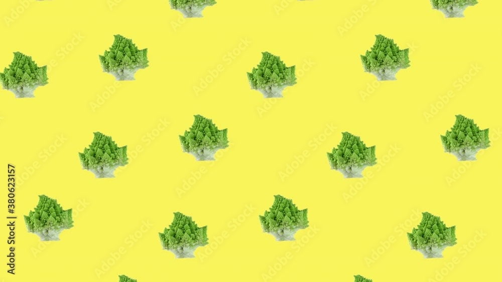 Seamless looping pattern with many fresh and green 3d romanesco broccoli isolated on a yellow background. animated pattern for restaurant food menu, template for advertising Seamless looping pattern with many fresh and green 3d romanesco broccoli isolated on a yellow background. animated pattern for restaurant food menu, template for advertising