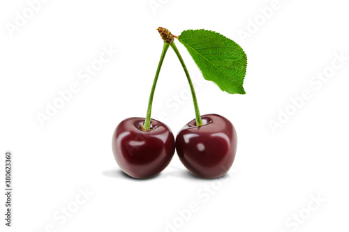 Two dark red sweet cherry fruits with green leaf isolated over white background. Close up  copy space  side view