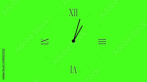 12 hours of analog clock countdown animation. Twelve hours in one minute. Animation of the clock. Clock video on Green Background. HD Video. photo