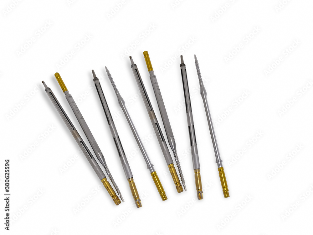 Retaining Bone Screw Driver Using For Spinal Fusion Surgery In White Background.Selective Focus