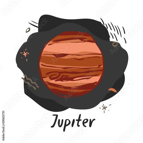 Planet Jupiter drawn with a sketch-style line against the background of space isolated on white. Symbol of the planet of the solar system for nursery, books, astrology. Cartoon vector illustration.