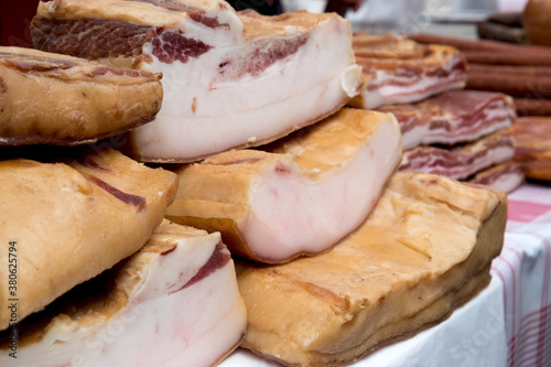 Ham, hamon iberico, pancetta, chorizo, kulen, prsut i kobasice sausages on the food market in Serbia