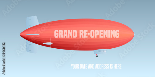 Vector retro blimp with wavy advertising banner for grand opening or re-opening illustration