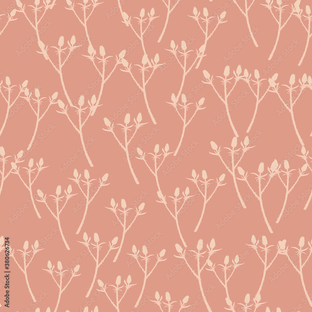 Random pale seamless thorn branches pattern. Botanic style with light ornament and soft pink backround.