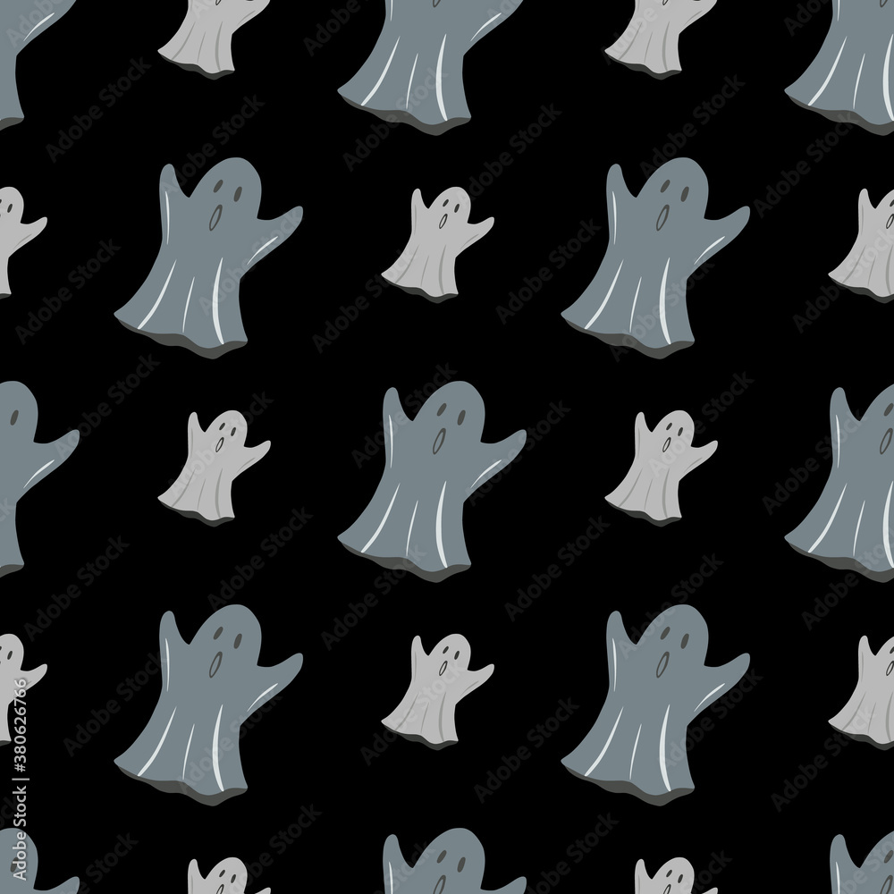 Seamless doodle pattern with ghosts ornament. Grey scary elements on black background. Dark artwork.