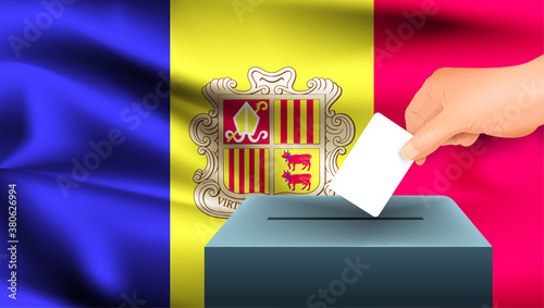 Male hand puts down a white sheet of paper with a mark as a symbol of a ballot paper against the background of the Andorra flag. Andorra the symbol of elections