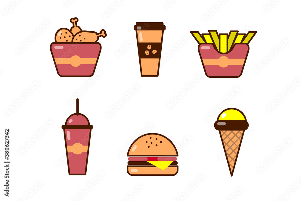 fast food colorful flat design icons set. chicken wings, cocktail, french fries, cheeseburger, coffee, ice cream. fast food colorful flat design icons set. chicken wings, cocktail, french fries, cheeseburger, coffee, ice cream.