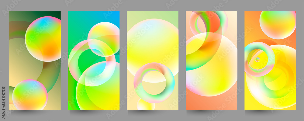 Covers templates set round shapes with transparency with graphic geometric elements. Applicable for brochures, posters, covers and banners. Vector illustrations eps 10
