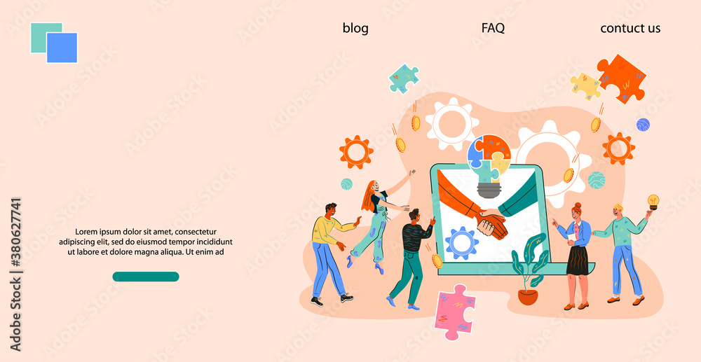 Website page or  banner template with company team is engaged in joint project. Business concept of teamwork and successful cooperation,  corporate negotiations and deal conclusion, flat vector.