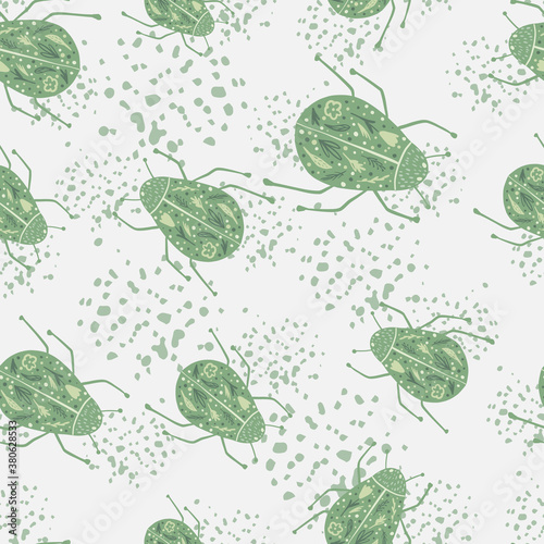 Random seamless doodle pattern with hand drawn folk bugs elements. Insect simple shapes in green tones on white background with splashes.