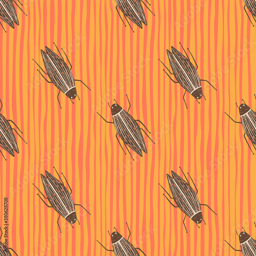 Beige colored insects silhouettes hand drawn seamless pattern. Nature backdrop with orange stripped background.