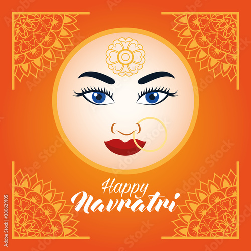 happy navratri celebration card with beautiful goddess face