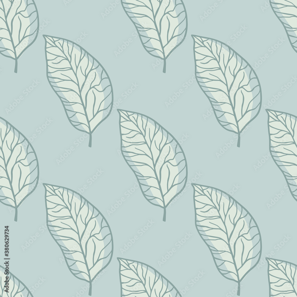 Pastel pallete seamless pattern with outline leaves. Abstract foliage artwork in blue tones palette.