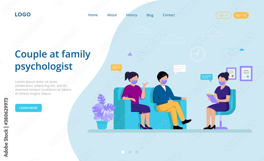 Couple And Family Psychology Concept. Young Couple, Husband And Wife At The Psychologist Session. Female Psychologist Makes Full Assesment Of Problems In Relationship. Flat Style Vector Illustration