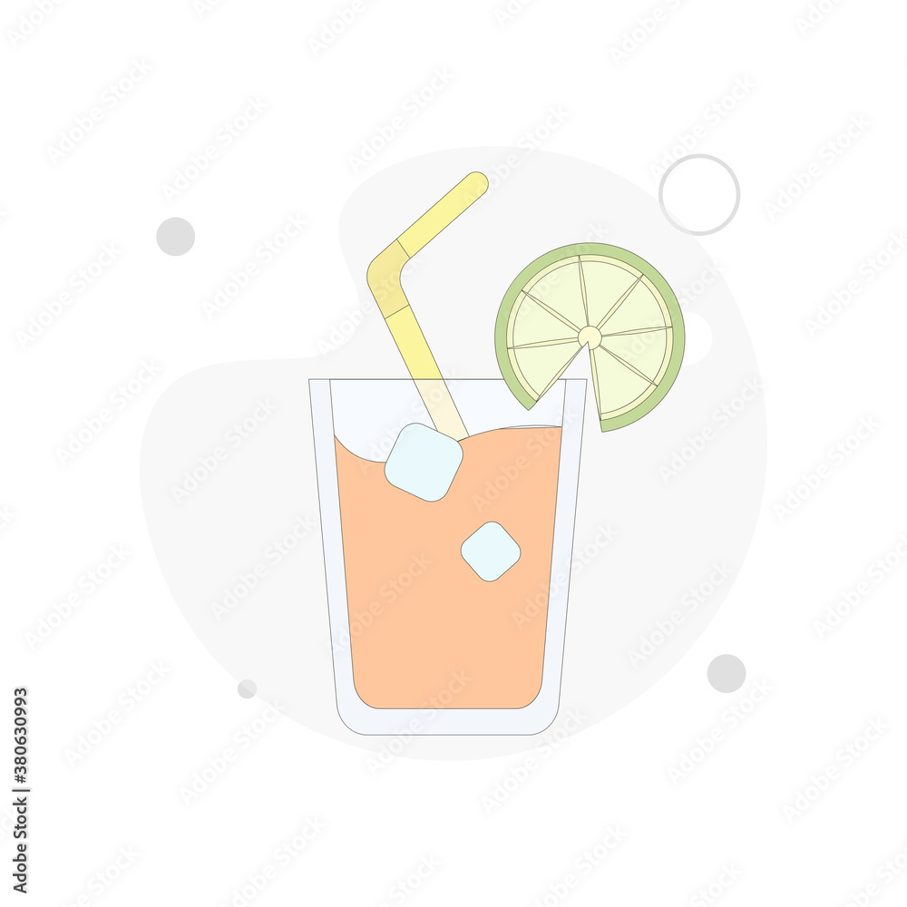 juice with ice cubes, straw and lemon vector flat illustration on white background