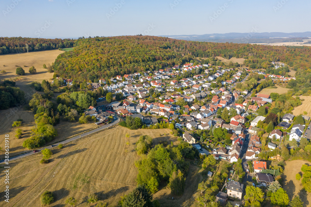 Bird's-eye view of a village in the Taunus / Germany in autumn