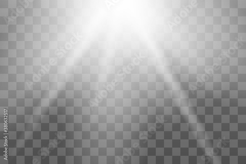 Shining sun glare rays, lens flare vector illustration. Sunlight glowing png effect. White beam sunrays sky background