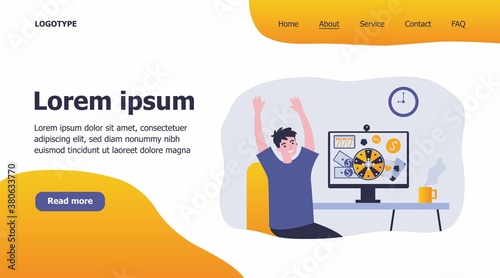 Happy young man celebrating jackpot. Online casino winner, roulette, poker flat vector illustration. Gambling gain, winning money, prize concept for banner, website design or landing web page