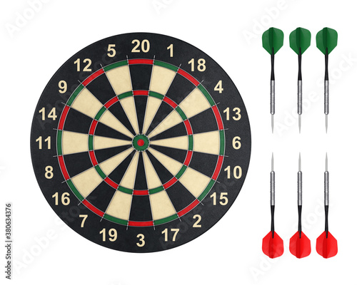 A dart Board and a set of red and green Darts isolated on a white background, 3D render