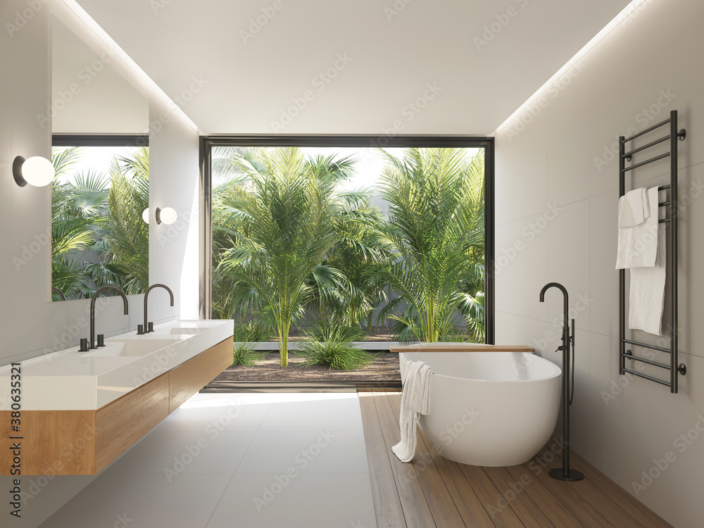 Beige modern bathroom with a view to a palm trees garden a bathtub
Beige modern bathroom with a view to a palm trees garden a bathtub