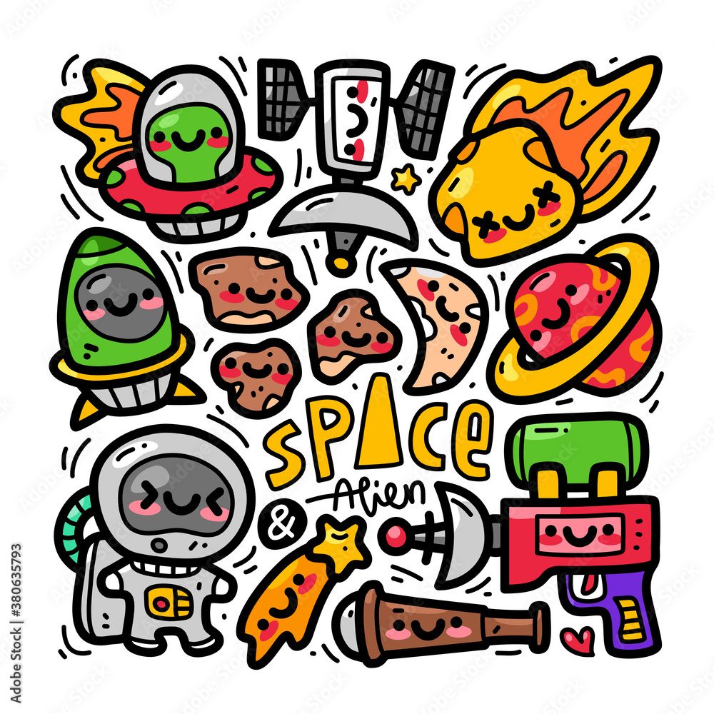 Doodle collection set of space and element on isolated white background. Doodle outer space