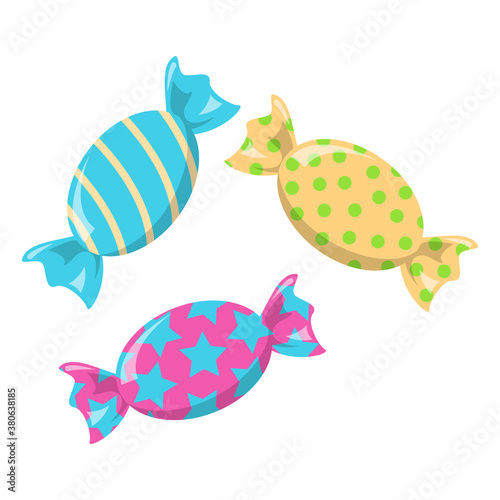 Delicious candies vector isolated. Colorful sweets in wrap, sugar food. Wrapped caramel. Blue, yellow and pink dessert.