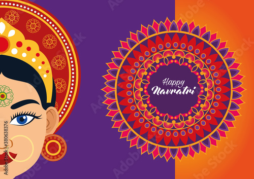 happy navratri celebration card with beautiful goddess and mandala