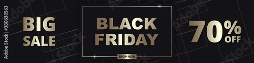 Black friday, abstract golden wide banner template. Sale up to 70% off. Black friday luxury dark golden wide background.