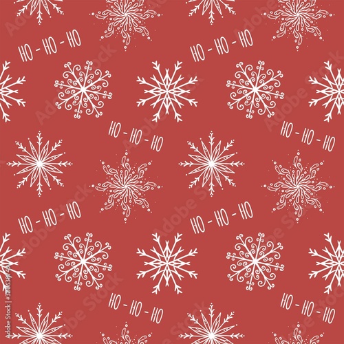 Vector seamless pattern with snowflakes and "ho-ho-ho" text. Red background.