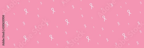 Breast Cancer Awareness month pink background, ribbon and speech bubble with quote for health care support. Banner 