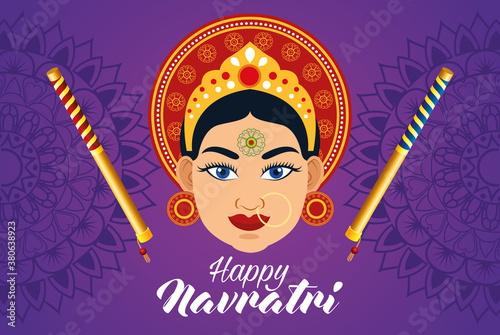 happy navratri celebration card with beautiful goddess and sticks