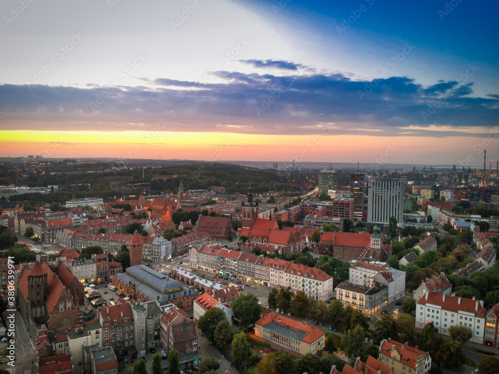 Aerial view of the old town in Gdansk with amazing architecture at sunset, Poland